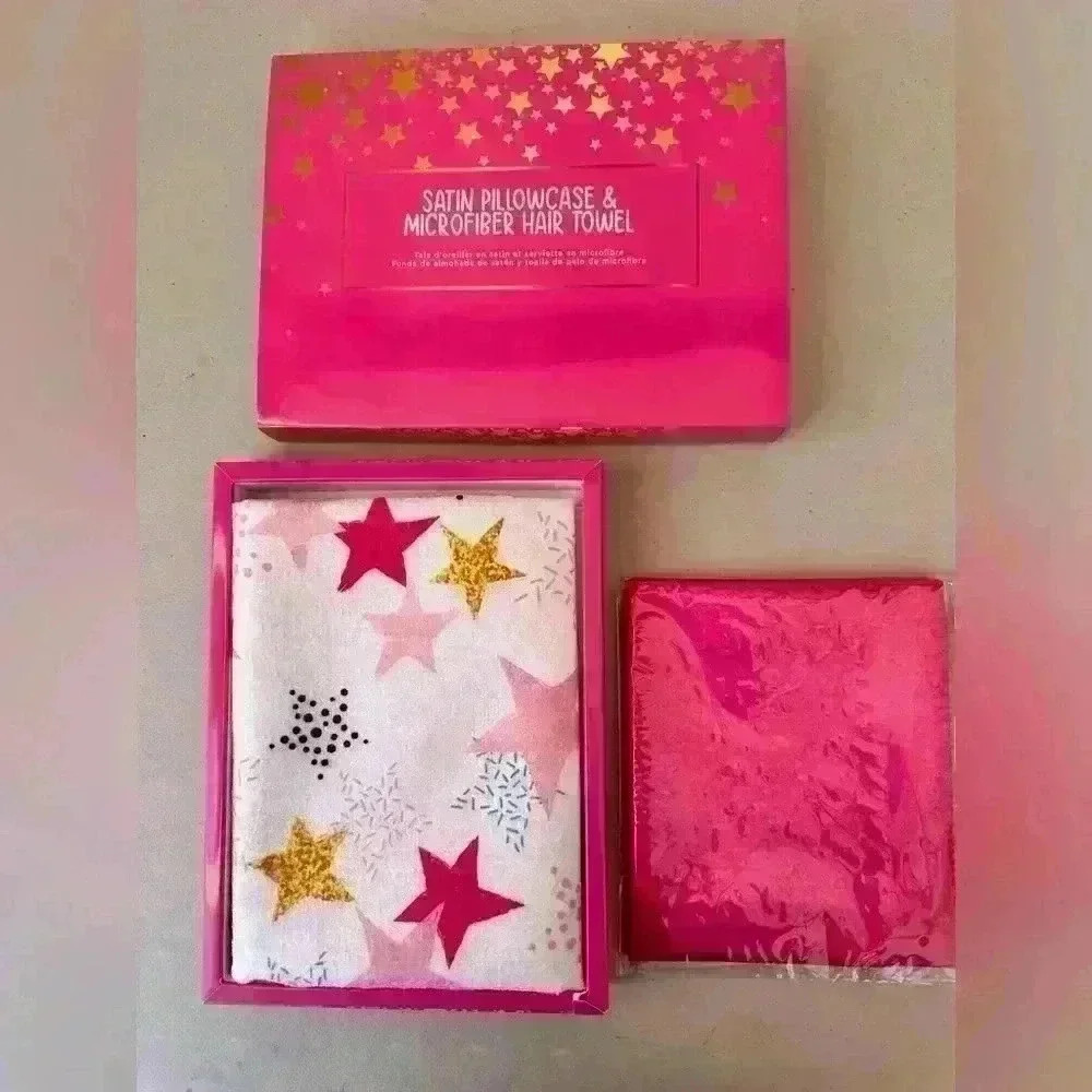 Satin Hot Pink Pillowcase & Star Print Microfiber Hair Towel Arcadia Beauty NEW